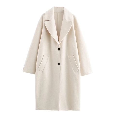Women Long Boucle Wool Coat Lapel Collar Button Front Casual Elegant Cream White Autumn Winter Outerwear