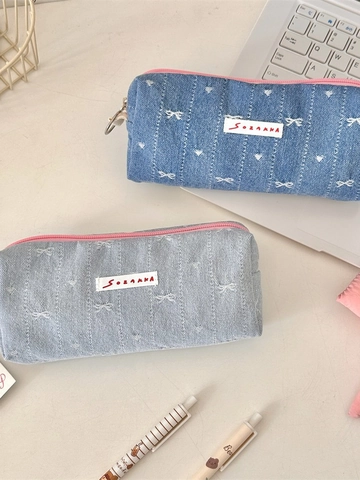Astuccio Per Matite In Denim Con Fodera In Tela Ricamo A Fiocco Pochette Per Cancelleria Portatile Rettangolare Per Studenti