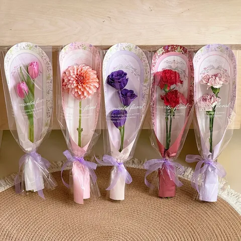 Single Flower Packaging Bag Romantic Floral DIY Bouquet Wrapping Material With Ribbon For Rose Carnation