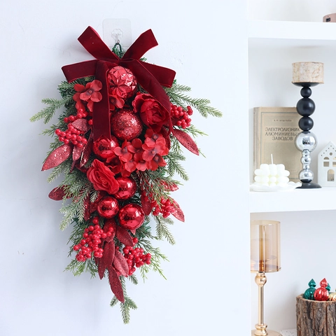 Christmas Teardrop Swag Artificial Pine Needles Red Berries Pine Cones Velvet Plaid Bow Ornaments Front Door Wall Hanging Decor