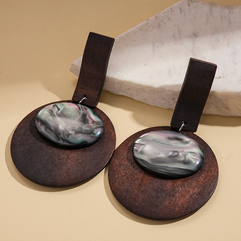 Orecchini Pendenti Geometrici In Legno E Resina Con Silver Earring Post Stile Bohémien Etnico Retrò Grandi Per Donna