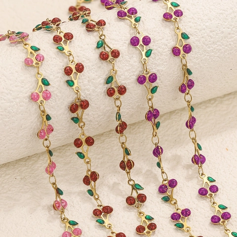 Stainless Steel Cherry Charm Link Chain Enamel Fruit Oil Drop For DIY Jewelry Making Necklace Bracelet Handmade Accessories