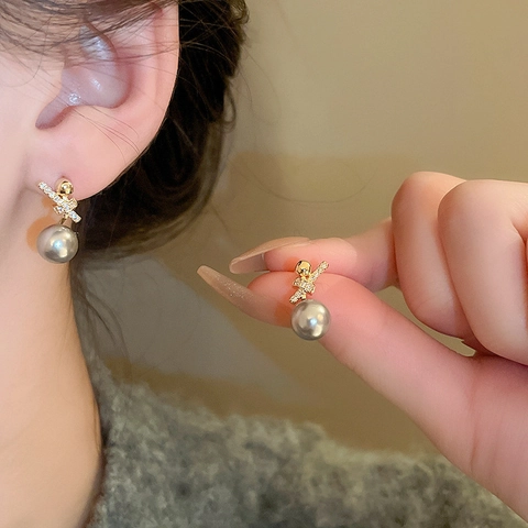 Pendientes Colgantes De Imitación De Perla Artificial Gris Para Mujer Nudo Geométrico Circón Cobre Con Poste De Plata Elegante