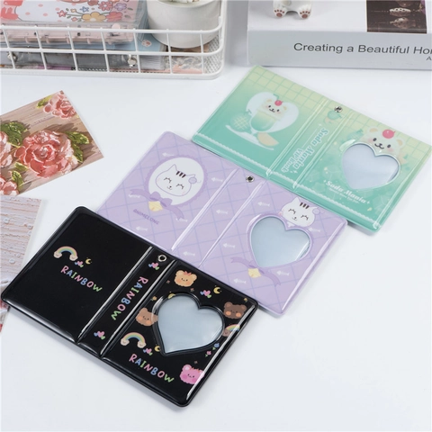 Kawaii Mini Photo Album PVC Collect Book For Photocards Heart Cutout Window Cartoon Pattern Card Storage Binder