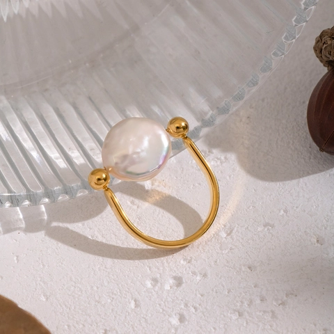 Artificial Baroque Pearl Ring U Shaped Stainless Steel 18K Gold Plated Hypoallergenic French Light Luxury Elegant Jewelry For Women