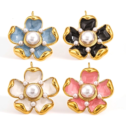 Flower Petal Pendant Necklace Stainless Steel Enamel Faux Artificial Pearl Retro Elegant Jewelry Making DIY Accessory For Women