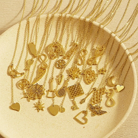 Stainless Steel Pendant Necklace 18K Gold Plated Various Motifs Bee Lotus Heart Infinity Guitar Tennis For Women Fashion
