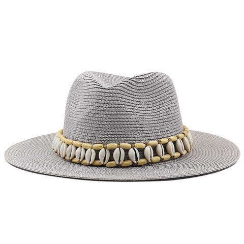 Fedora Straw Hat Woven Panama Sun Hat With Wood Beads And Shell Decoration Breathable Wide Brim Bohemian Style For Travel