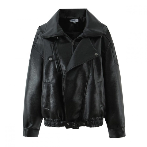 Women Faux Leather Motorcycle Jacket Zip Pocket Belted Hem Vintage PU Biker Coat Long Sleeve Streetwear