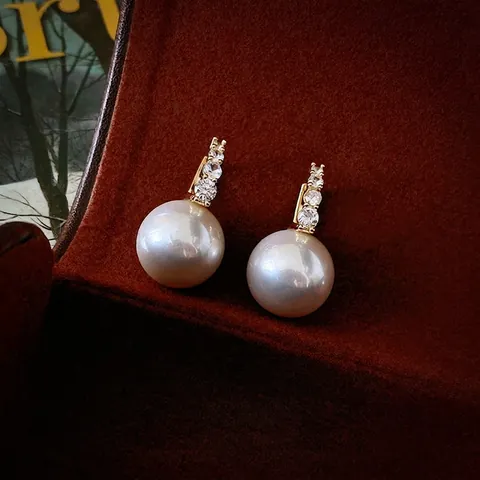 French Vintage Faux Artificial Pearl Zircon Hoop Earrings Real Gold Plated Copper With Silver Earring Post Elegant For Women