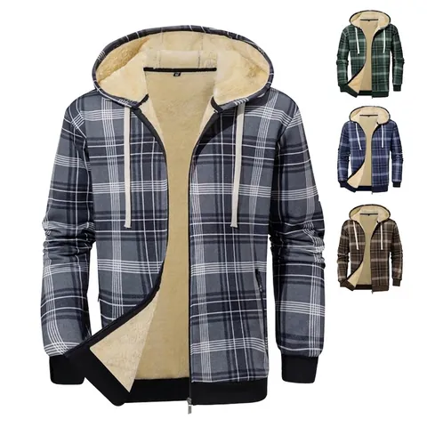 Herren Karierte Kapuzenjacke Verdickt Sherpa Gefüttert Warm Winter Fleece Reißverschluss Casual Outerwear Mantel