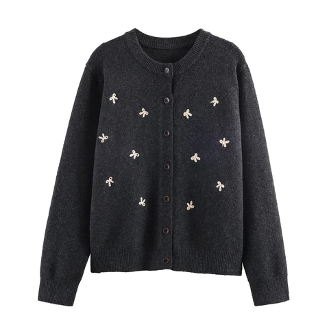 Women Knitted Cardigan Round Neck Long Sleeve Button Up Sweater With Bow Embroidery Sweet Soft Dark Grey Knitwear