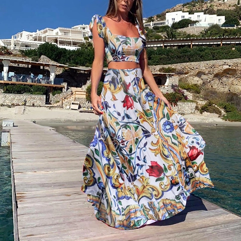 Women Floral Print Square Neck Crop Top And High Waist Tiered Maxi Skirt Summer Beach Bohemian Vacation Outfit