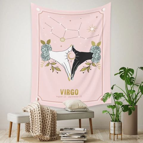 Arazzo Costellazione Zodiacale Poliestere Appeso Parete Estetica Boemo Luna Stelle Rosa Decorazione Camera