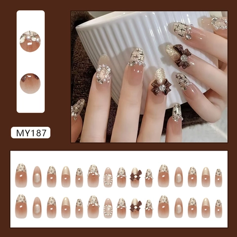 Press On Nails Cat Eye Design With Dimensional Bows Rhinestones Artificial Pearls Nude Brown Gradient Long Almond Fake Nails For Women