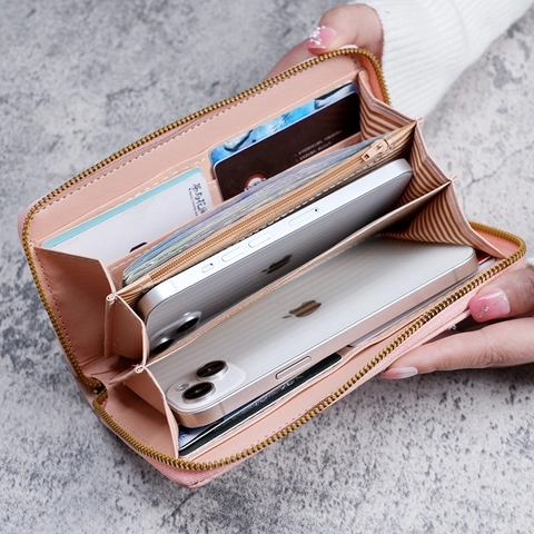 Damen Geldbörse Lang PU-Leder Gesteppt Herz Bestickt Reißverschluss Clutch Mit Handschlaufe Cartoon Bär Mode Stil