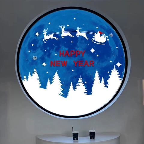 Christmas Window Stickers Round Blue Static Cling Glass Decals Reindeer Santa Claus Forest For Holiday Home Party Decor