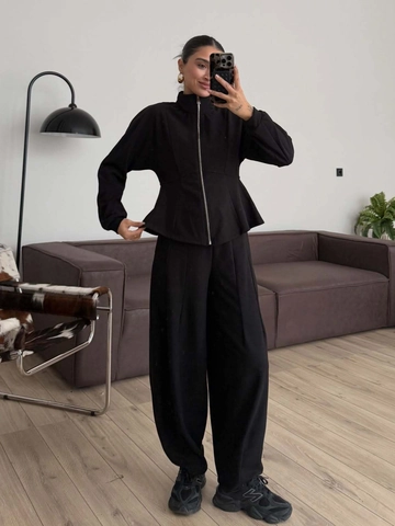 Sudadera Con Capucha Cremallera Algodón Para Mujer Dobladillo Peplum Y Pantalón Pierna Ancha Color Sólido Casual