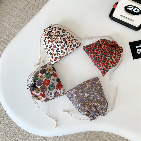 Vintage Corduroy Floral Drawstring Pouch Small Fabric Storage Bag For Cosmetics Jewelry Stationery Dustproof Organizer Bag For Women