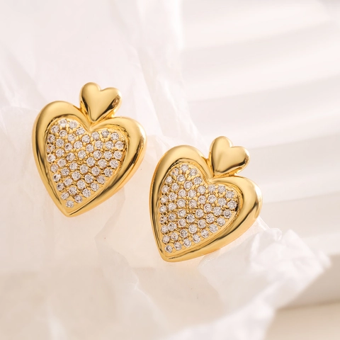 Orecchini A Lobo Cuore Rame Placcato Oro 18K Zirconia Cubica Cuori Connessi Gioielli Di Moda Di Tendenza Donna