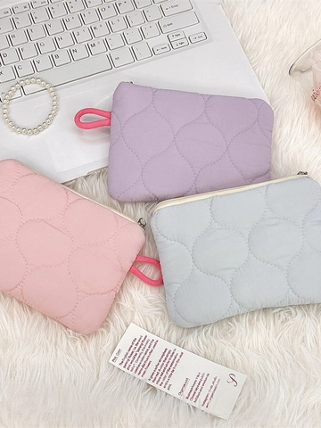 Quilted Polyester Zipper Pouch Portable Mini Bag For Sanitary Napkin Coin Makeup Storage Women Cute Macaron Colors