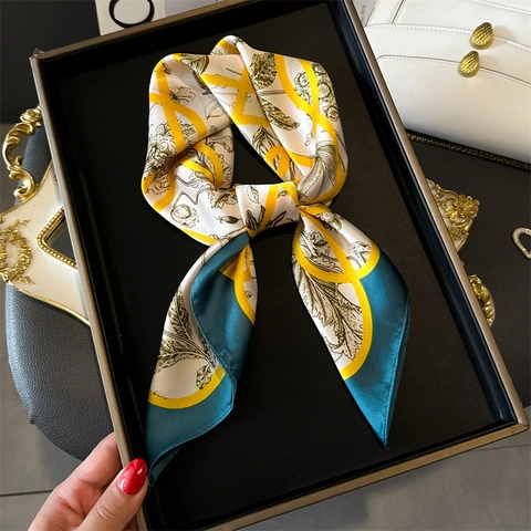 Women Square Scarf Imitation Satin Printed Floral Geometric Lines Neck Scarf Fashion Professional Elegant Lightweight