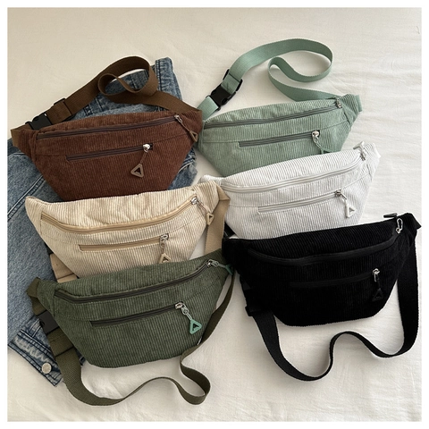 Corduroy Waist Bag Chest Pack Retro Casual Crossbody Bag For Women Men With Adjustable Strap Dual Zipper Pockets