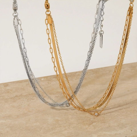 Multi Layer Bracelet Stainless Steel Cubic Zirconia Snake Paperclip Chain Fashion Jewelry For Women PVD Gold Plated