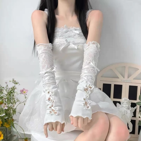 Polyester Lace Arm Sleeves Ribbon Lace-up Fingerless Gloves Lolita Balletcore Y2K Sun Protection For Women Girls