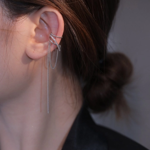 Korean Style Copper Zirconia Double Layer Chain Tassel Ear Cuff For Women Dainty Non Pierced Gold Silver Ear Clip Jewelry