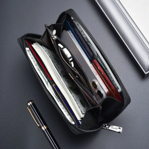 Portafoglio Lungo Uomo Pelle PU Grande Capacità Multi Slot Per Carte Pochette Con Cerniera E Cinturino Da Polso Stile Business Retrò