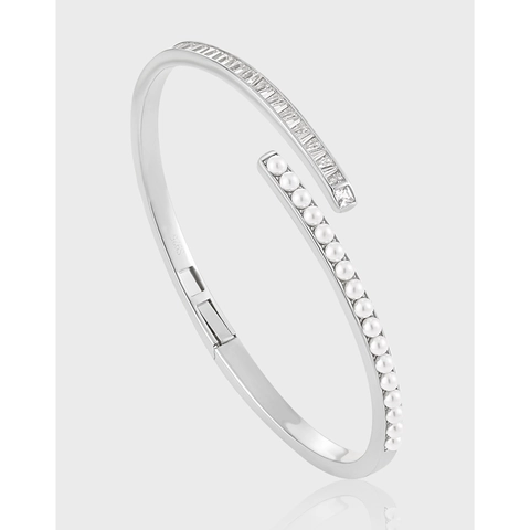 925 Sterling Silver Open Bangle With Artificial Pearl Rhinestone Inlaid Minimalist Adjustable Fashion Jewelry Bracelet For Women