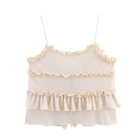 Ruffle Knit Camisole Top Slim Fit V Neck Tie Front Layered Ruffles French Retro Elegant Sweet Women Sleeveless