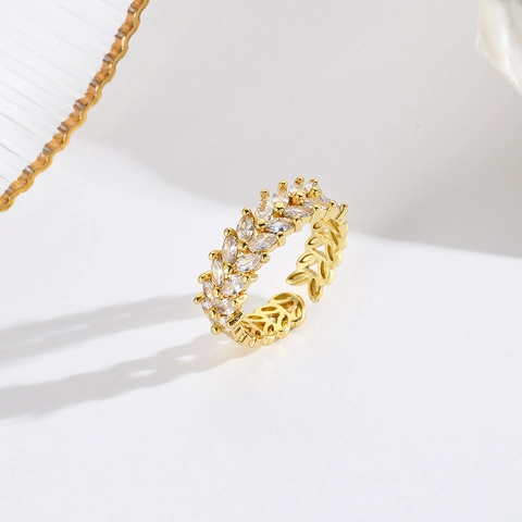 Anello Aperto a Spiga di Grano in Rame Placcato Oro 18K per Donna Minimalista Regolabile Foglia con Zirconia Gioielli di Moda