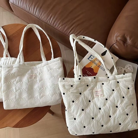 Borsa Tote In Cotone Trapuntato Stile Francese Ricamata Fiori Pois Grande Capacità Borsa A Spalla Imbottita Per Donna