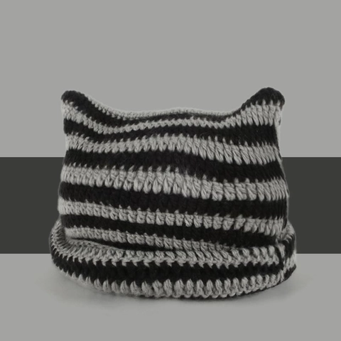 Striped Cat Ear Knitted Beanie Hat Warm Crochet Devil Ears Y2K Cute Kawaii Pullover Winter Cap For Women Girls