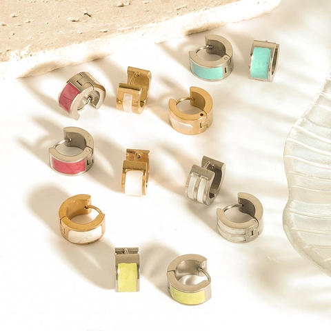 Orecchini a Cerchio a Superficie Larga in Acciaio Inossidabile per Donna Placcati in Oro 18K Smalto a Conchiglia Gioielli Geometrici