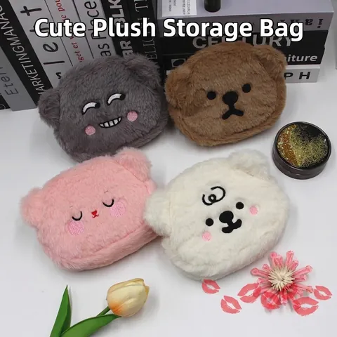 Monedero De Peluche Forma De Animal Mini Bolsa Maquillaje Con Bordado Cremallera Para Mujeres Niñas Niños Kawaii