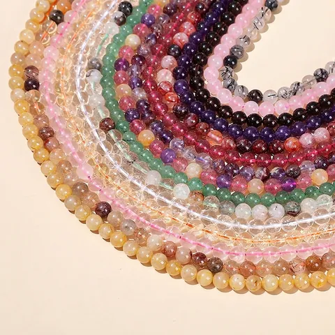 Natural Crystal Gemstone Beads Round Polished Amethyst Rose Quartz Strawberry Quartz For DIY Jewelry Making Bracelet