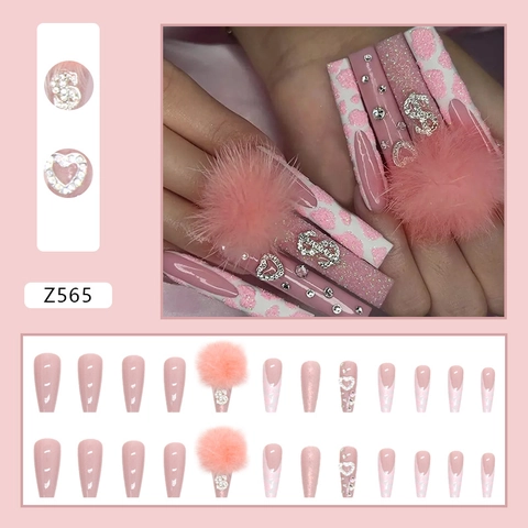 Long Ballerina Press On Nails Pink Marshmallow Pom Pom Rhinestone Coffin False Nails Sweet Y2K Style Heart Luxury Nail Art