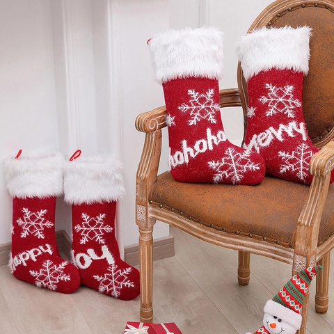 Kerstsok Cadeauzak Acryl Gebreid Met Rand Van Namaakbont Witte Sneeuwvlok Borduurwerk Voor Open Haard Decor
