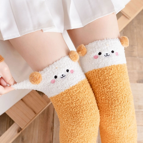 Chaussettes Au-dessus du Genou en Vison Polaire Animal de Dessin Animé Femme Chaudes Chaussettes de Sommeil Douces Maison