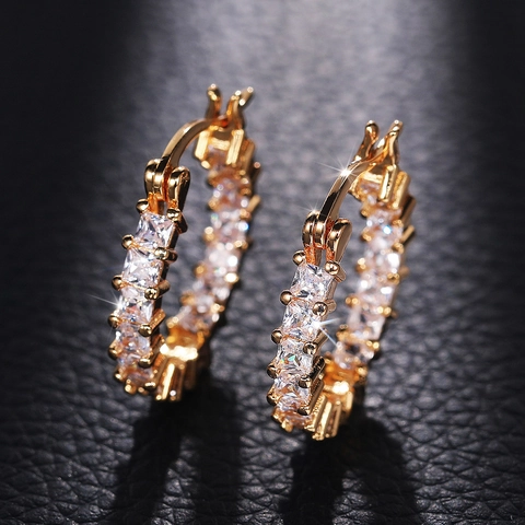 Luxury Hoop Earrings Square Cubic Zirconia Copper Row Setting Elegant Sparkly Huggie Fashion Jewelry Gift For Women