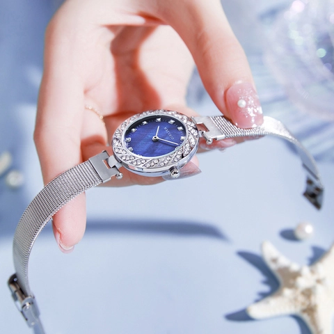 Orologio al Quarzo Donna di Lusso Cinturino in Maglia Acciaio Inossidabile Argento Quadrante in Madreperla Blu Orologio da Polso