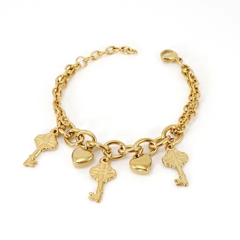 Pulsera De Acero Inoxidable Para Mujer Chapada En Oro De 18K Dijes De Corazón Llave Árbol De La Vida Joyería Retro