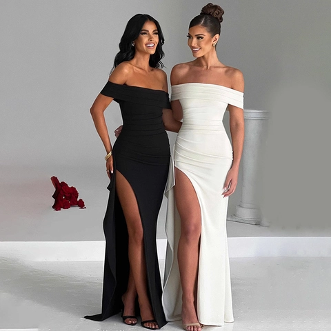 Women Off Shoulder Maxi Dress Ruched Backless High Slit Sexy Elegant Slim Fit Evening Party Polyester