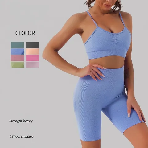 Reggiseno Da Yoga Canotta E Pantaloncini A Vita Alta Da Donna Senza Cuciture A Costine Traspiranti Asciugatura Rapida Fitness