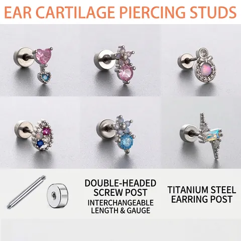 Cartilage Stud Earrings Titanium Steel Cubic Zirconia Opal Heart Butterfly Flower Screw Back Piercing Jewelry Women