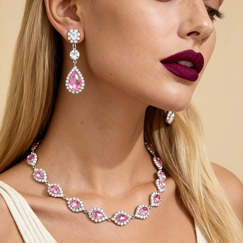 Elegante Schmuck Halskette Und Ohrringe Im Palaststil Wassertropfen Strass Eingelegtes Kupfer Luxus Für Damen