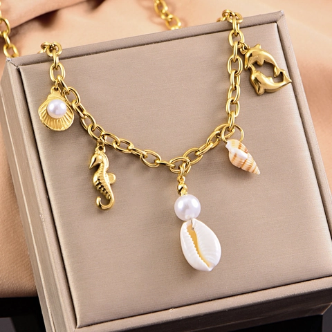 Collana Oceano in Acciaio Inossidabile Strass Perla Artificiale Conchiglia Delfino Stella Marina per Donna Gioielli